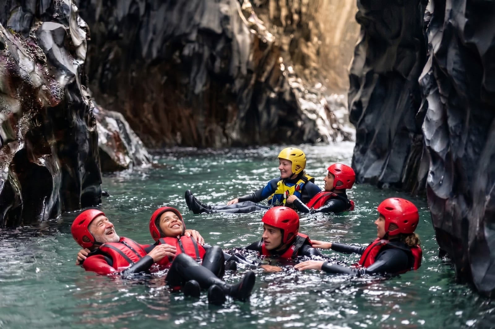 Groupe en body rafting entre les parois de basalte des Gorges de l'Alcantara, avec casques et combinaisons