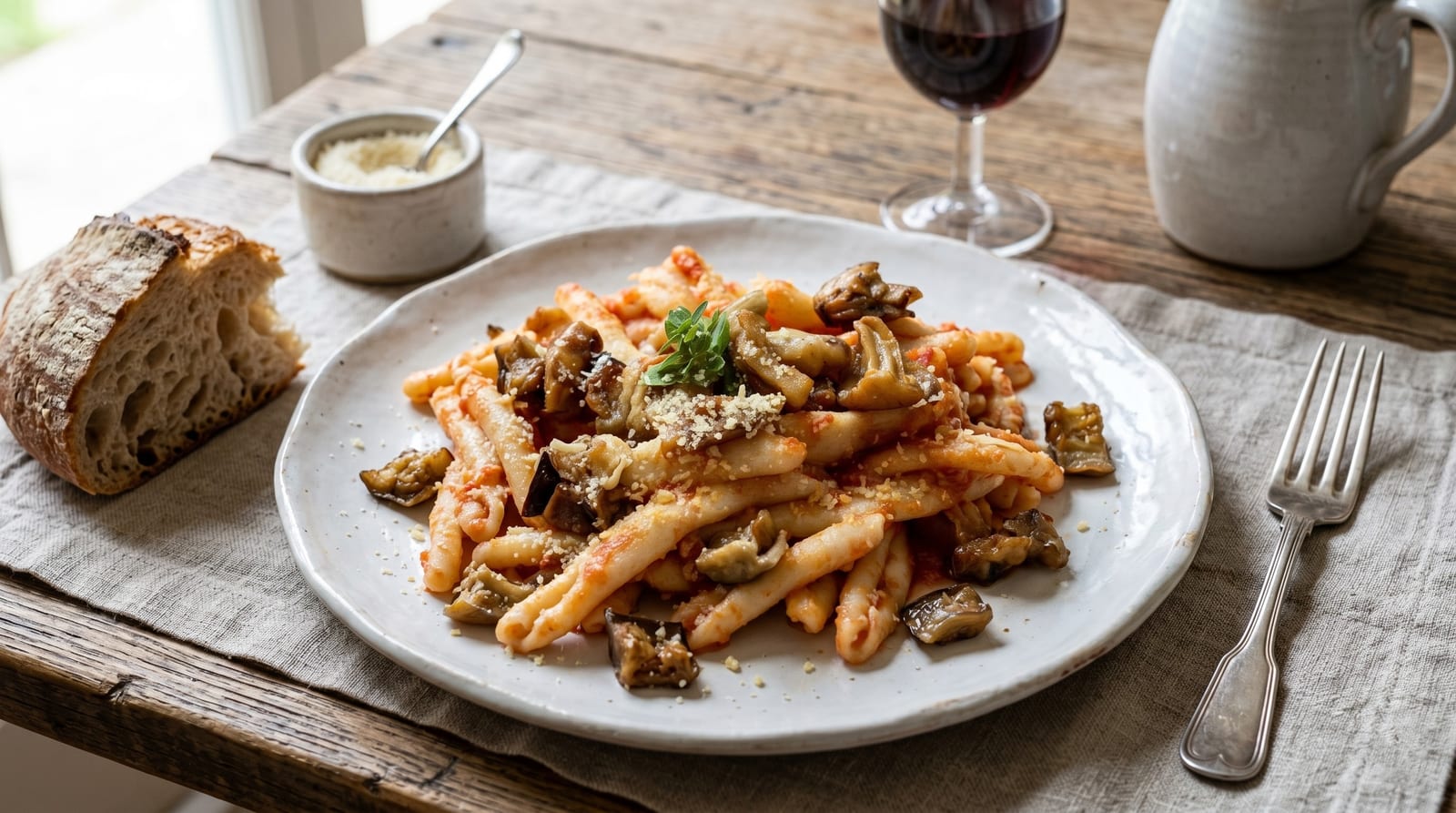 Une assiette de macaroni au ragù et aubergines, pain et vin rouge sur une table en bois