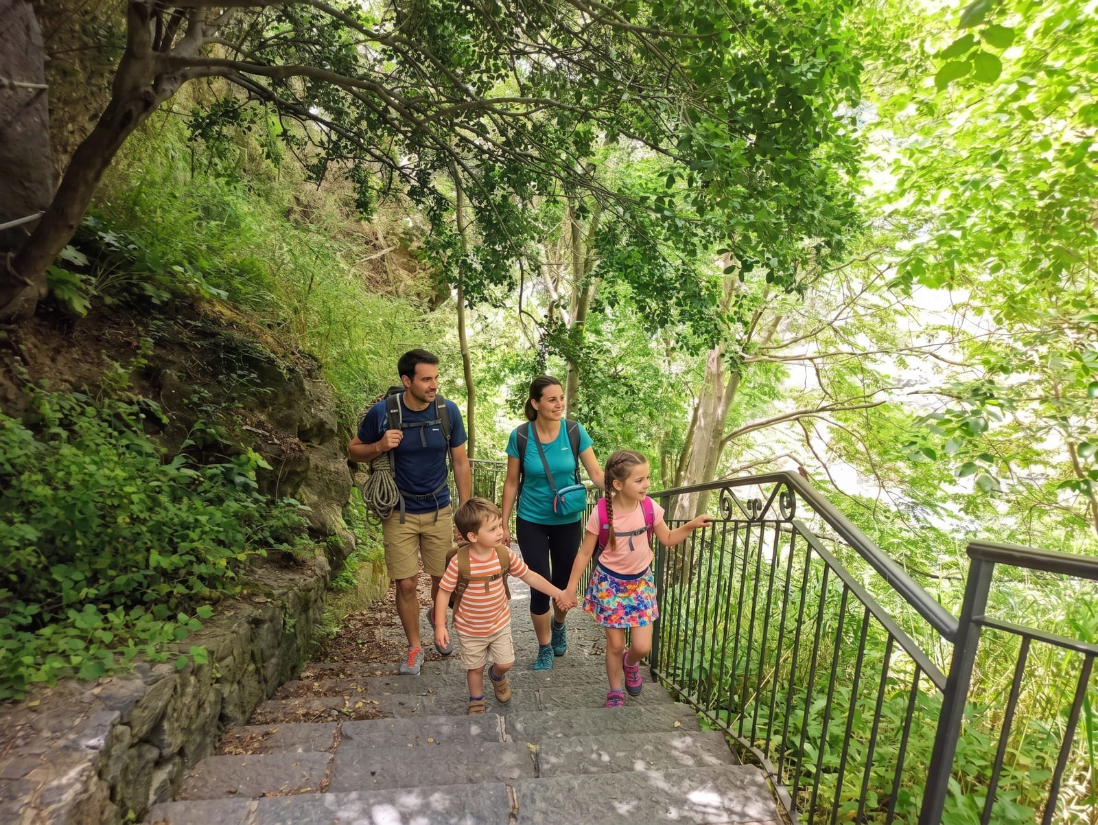 Familia en excursión por la escalinata de acceso a las Gargantas del Alcántara, inmersa en la vegetación